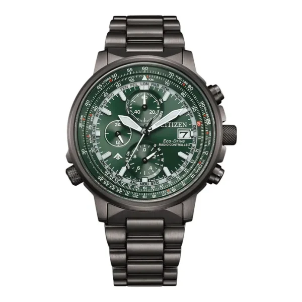 Citizen Promaster Sky AT8304-57W Eco Drive Chronograph Green Dial Gunmetal Stainless Steel Strap