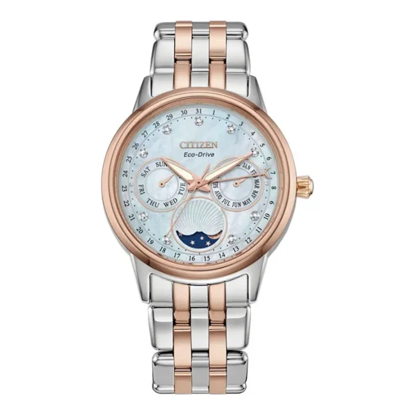 Citizen Eco Drive FD0006-56D Ladies Calendrier Moon Phase MOP Dial Dual Tone Stainless Steel Strap